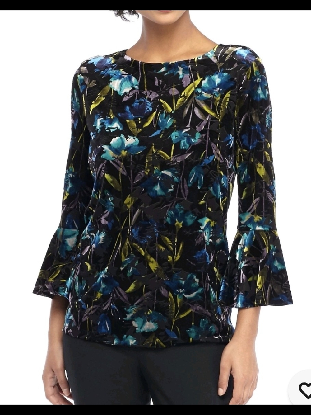 THE LIMITED Black Winter Stem Floral Bell Sleeve Stretch Velvet Tie Back Top 3XL
